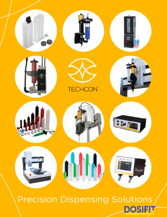 Carátula del catálogo Techcon 2025 con equipos de dosificación para adhesivos, grasas y selladores industriales.