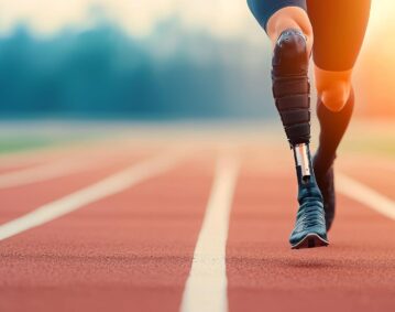 Corredor con prótesis de pierna utilizando liner personalizado fabricado con impresión 3D sobre pista de atletismo