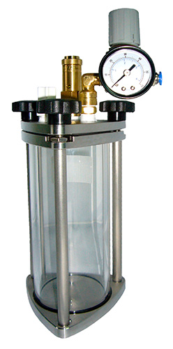 Depósito transparente presurizado SR-TEK serie CT con tapas de acero inoxidable, manómetro y conexiones neumáticas