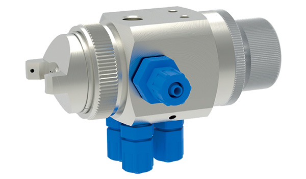 Válvula Alfred Schütze GF/4 con regulación externa del patrón de pulverización y conexiones neumáticas frontales.